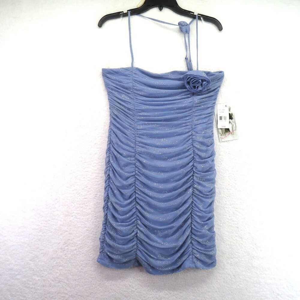 Honey Rosie Dress Size Large Blue Glitter Ruched Party Mini Bodycon Flower New